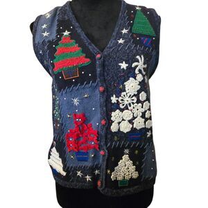 VTG Hampshire Studio Ho Ho Ho S Christmas Ugly Sweater Vest Tree Bows  Snowflake